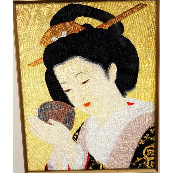 Japanese Geisha Beaded Print Picture Matted Framed Glass Shimmers Japan 19 x 16" - Picture 6 of 10